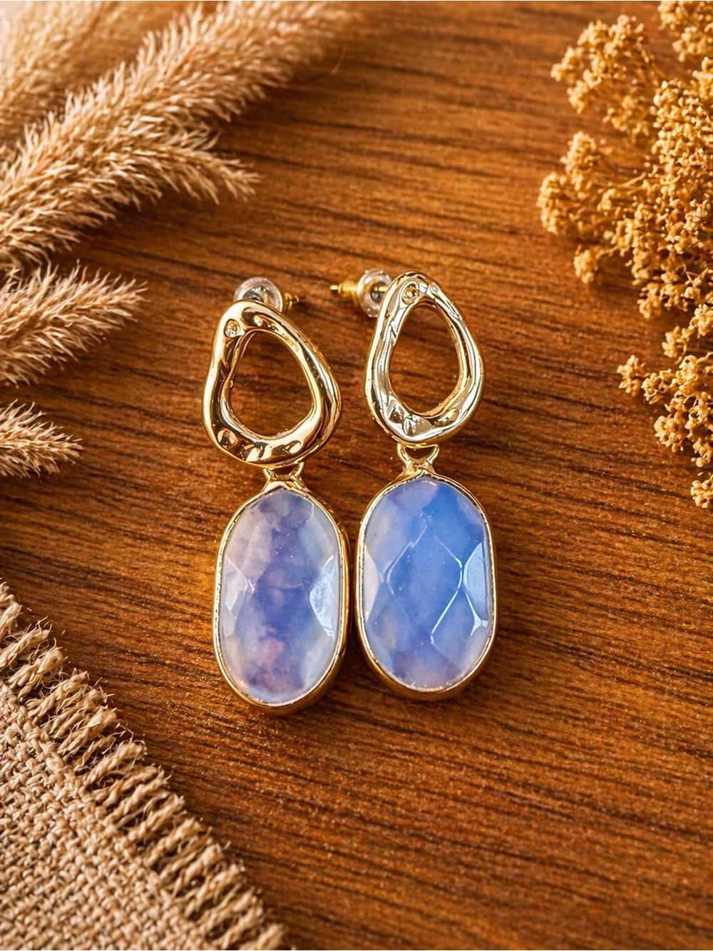 Gold Drop Earrings with Lavender Blue Faceted Stones